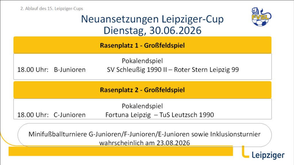 Neuansetzungen der Pokalendspiele für den Leipziger-Cup