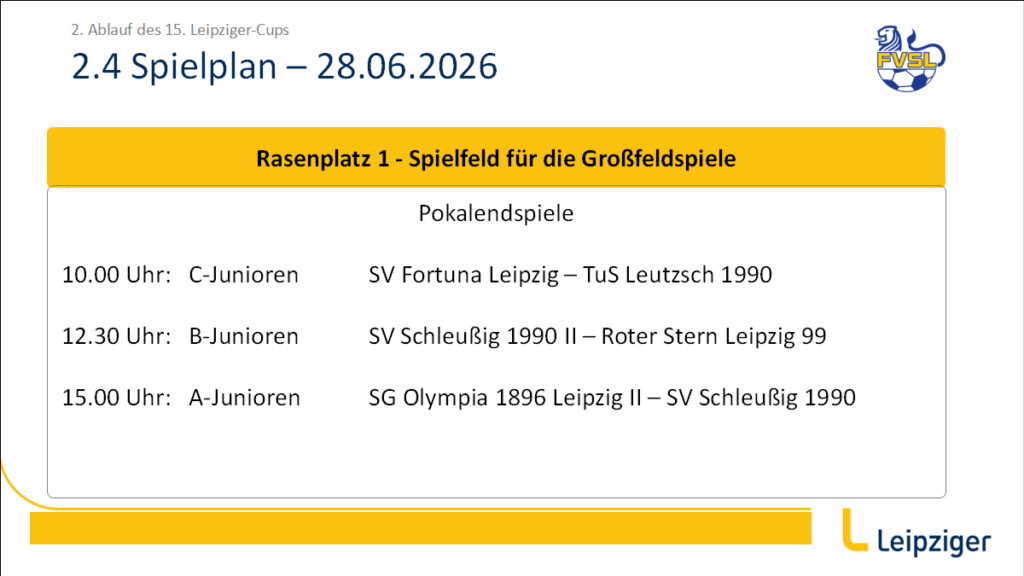 Spielplan 15. Leipziger-Cup am Sonntag, 28.06.2026